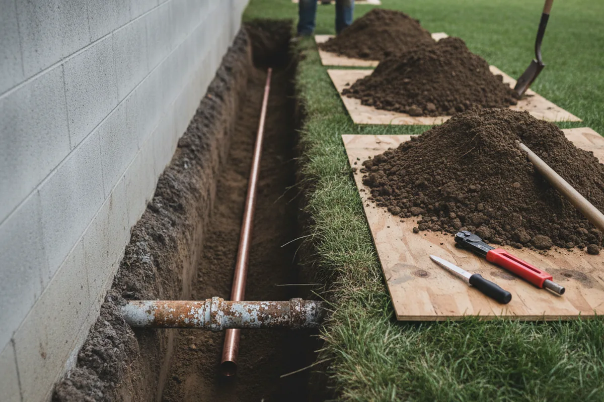 Excavated water line trench during Sewer Line Repair in Jay